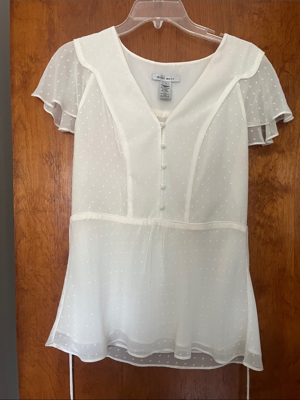 Nine West Ivory Dot Peplum Button Front Blouse